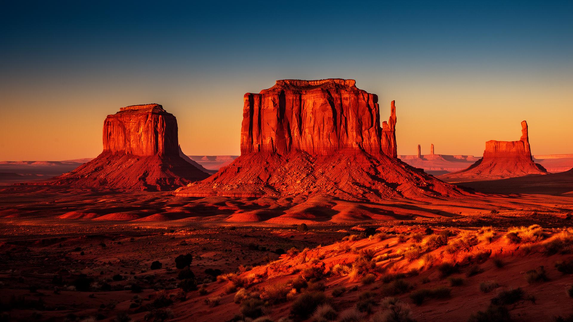 Red sandstone mesas in the American Southwest at golden hour